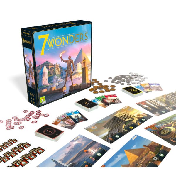 7 Wonders New Edition Board Game component spread.