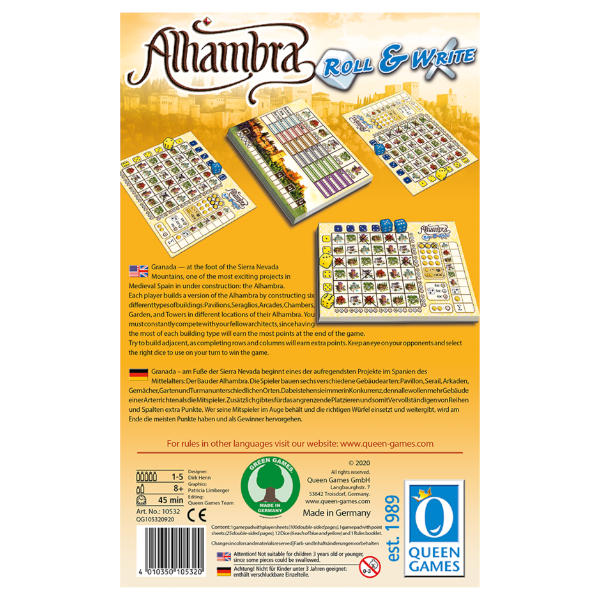 Alhambra Roll and Write Board Game back of box.