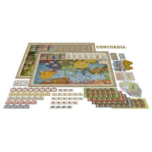Concordia Board Game map and component spread.