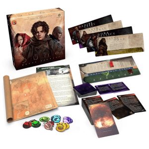 Dune House Secrets Board Game box cover and components.
