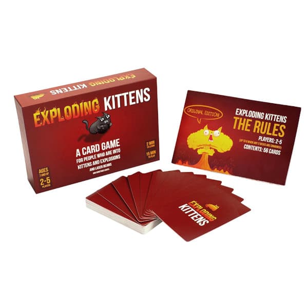 Exploding Kittens Card Game box cover and component spread.