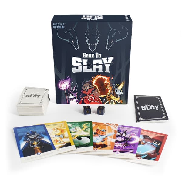 Here to Slay Board game box and components.