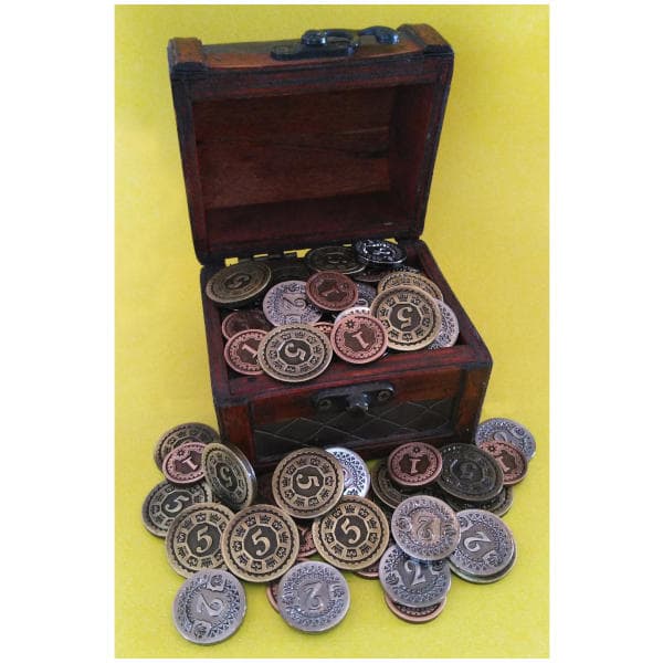 Maracaibo Metal Coins from Moedas and Co in chest.