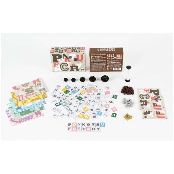 Ponkotsu Factory board game box cover and components.