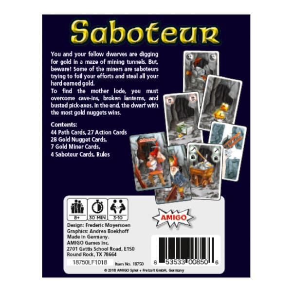 Saboteur card game back of box.