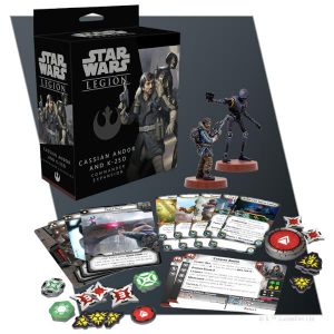 Star Wars Legion Cassian Andor and K-2SO Commander Expansion box and components.
