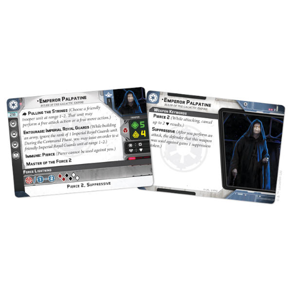 Star Wars Legion Emperor Palpatine Commander Expansion cards.