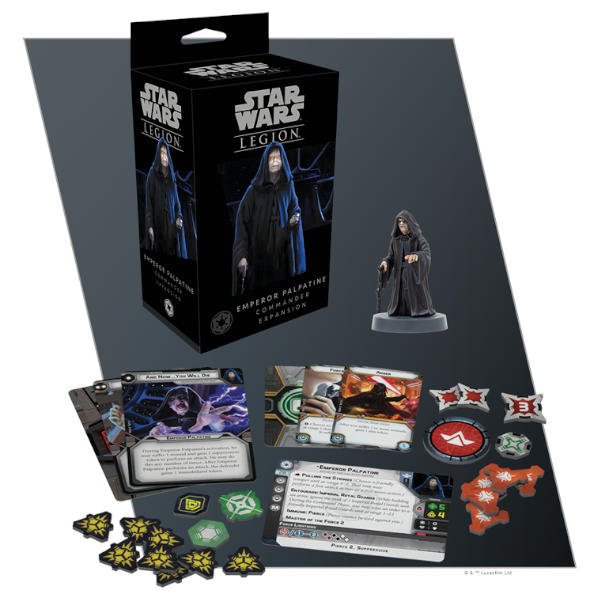 Star Wars Legion Emperor Palpatine Commander Expansion box and component spread..