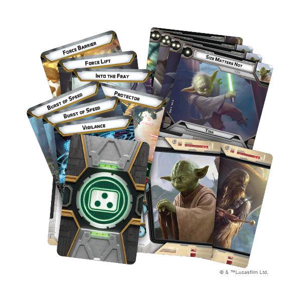 Star Wars Legion Grand Master Yoda Commander Expansion cards.