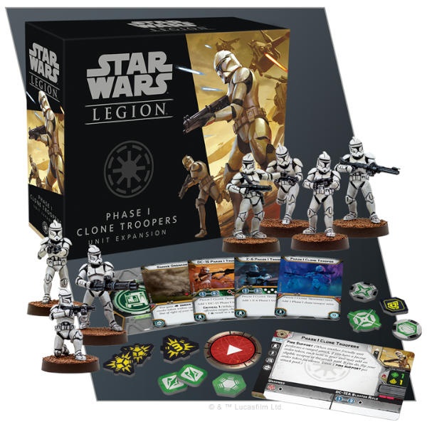 Star Wars Legion Phase 1 Clone Troopers Unit Expansion box and component spread.