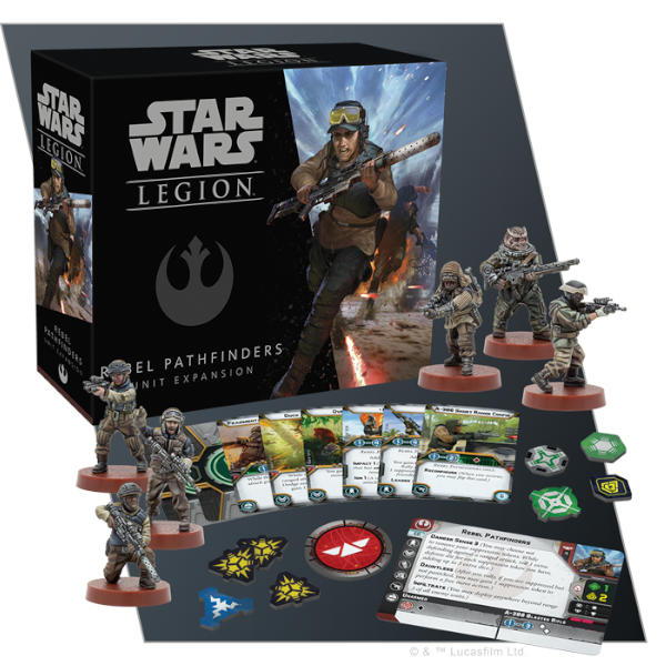 Star Wars Legion Rebel Pathfinders Unit Expansion box and component spread..