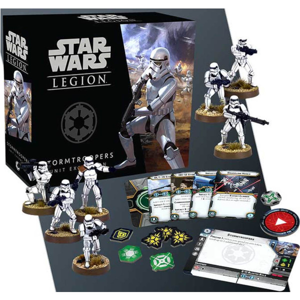 Star Wars Legion Stormtroopers Unit Expansion box cover and component spread.
