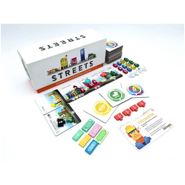 Streets Board Game box image and components.
