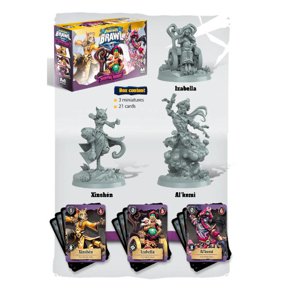 Super Fantasy Brawl Mental Might expansion box cover and components.