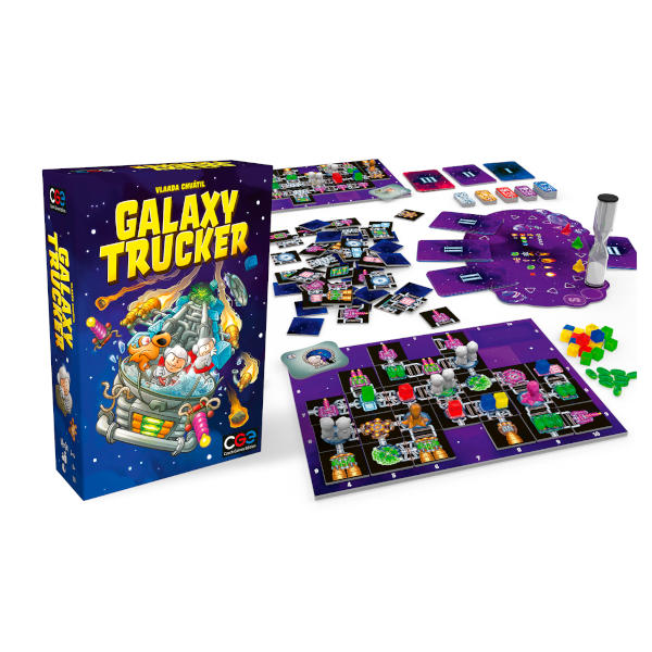 Galaxy Trucker Board Game box cover and components.