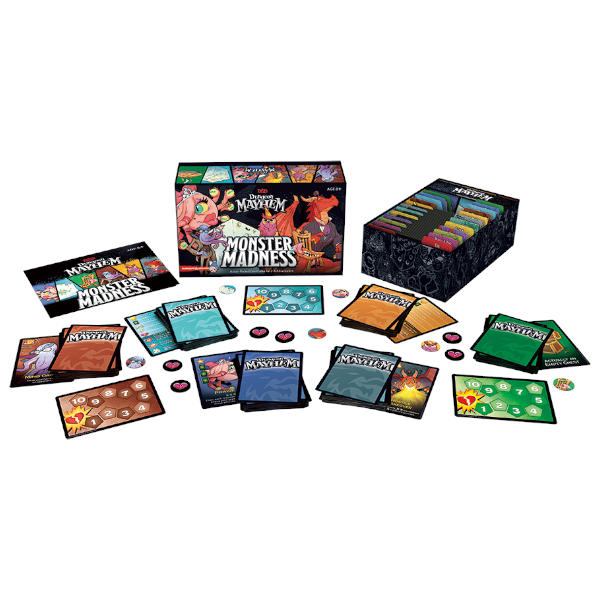 Dungeon Mayhem Monster Madness Deluxe Expansion box and component spread.