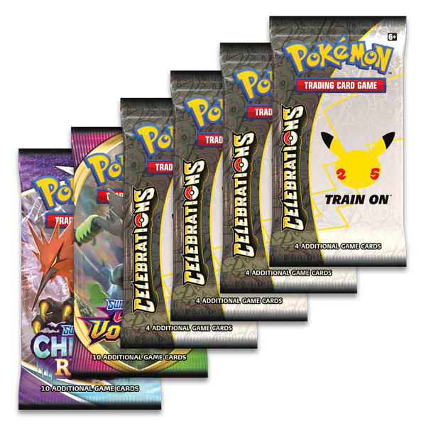 Pokemon TCG Celebrations Deluxe Pin Collection card packs.