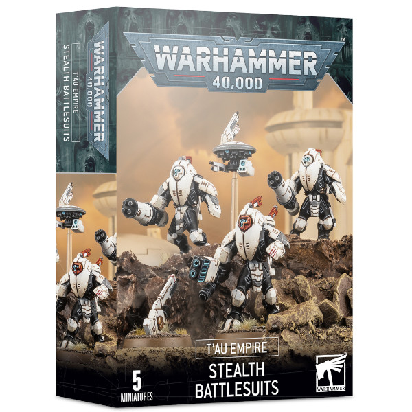 The Warhammer 40k T'au Empire XV25 Stealth Battlesuits boxed set contains 3 multi-part plastic XV25 Stealth Suits and a markerlight drone.