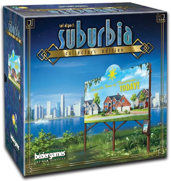 Box cover for the collector's edition of Suburbia | Featured image for the Best Tile Placement Board Games blog from More Than Meeples.